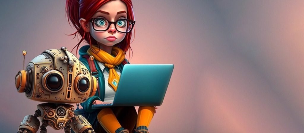 Skolejente med datamaskin og en robot